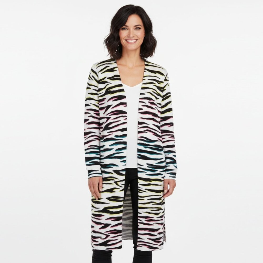 525 America Long Knit Sweater Duster Open Cardigan Animal Print Rainbow Neon NEW